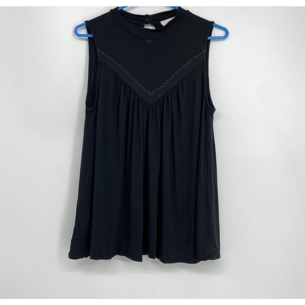 Everleigh Womens Blouse‎ Top Sleeveless High Neck Crochet Black XXS